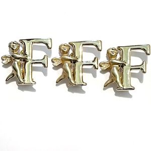 Vintage L Razza Lapel Pin Brooches Angel Letter F Initial Name Gold Shiny Cherub